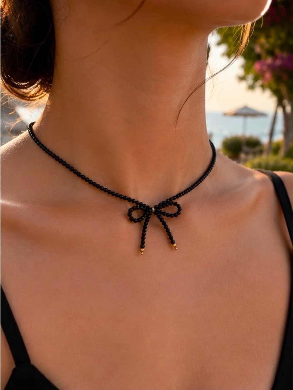 Black Beaded Bow Tie Choker Necklace